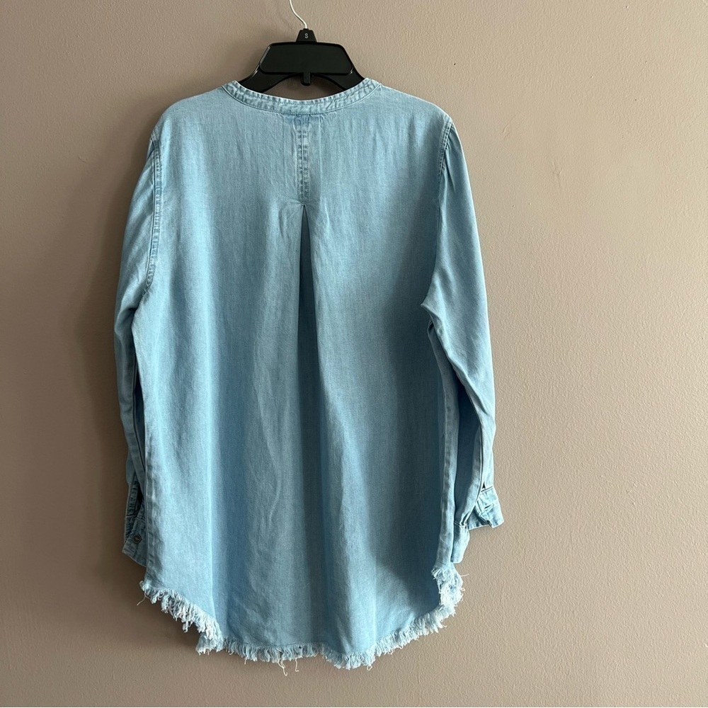 Hester & Orchard Women’s Shirt Tencel Button Slit Neck Blue Fringe Hem Small - Picture 10 of 16
